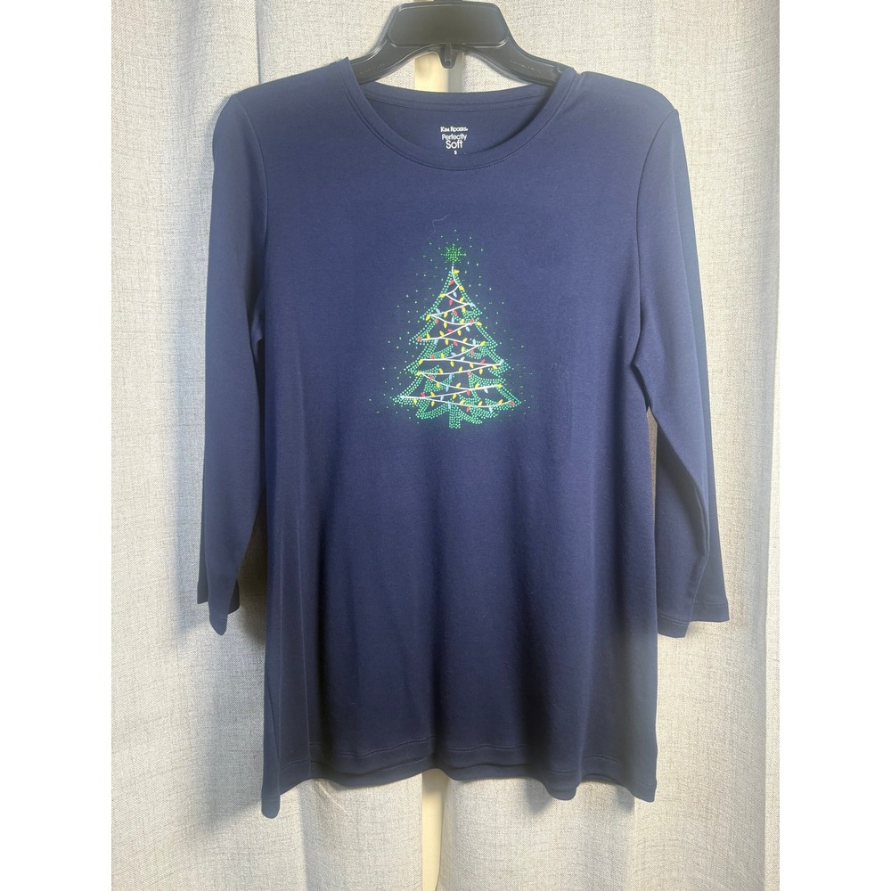 Kim Rogers Perfectly Soft Navy Christmas Tree Beaded 3/4 Sleeve Top Small NWT